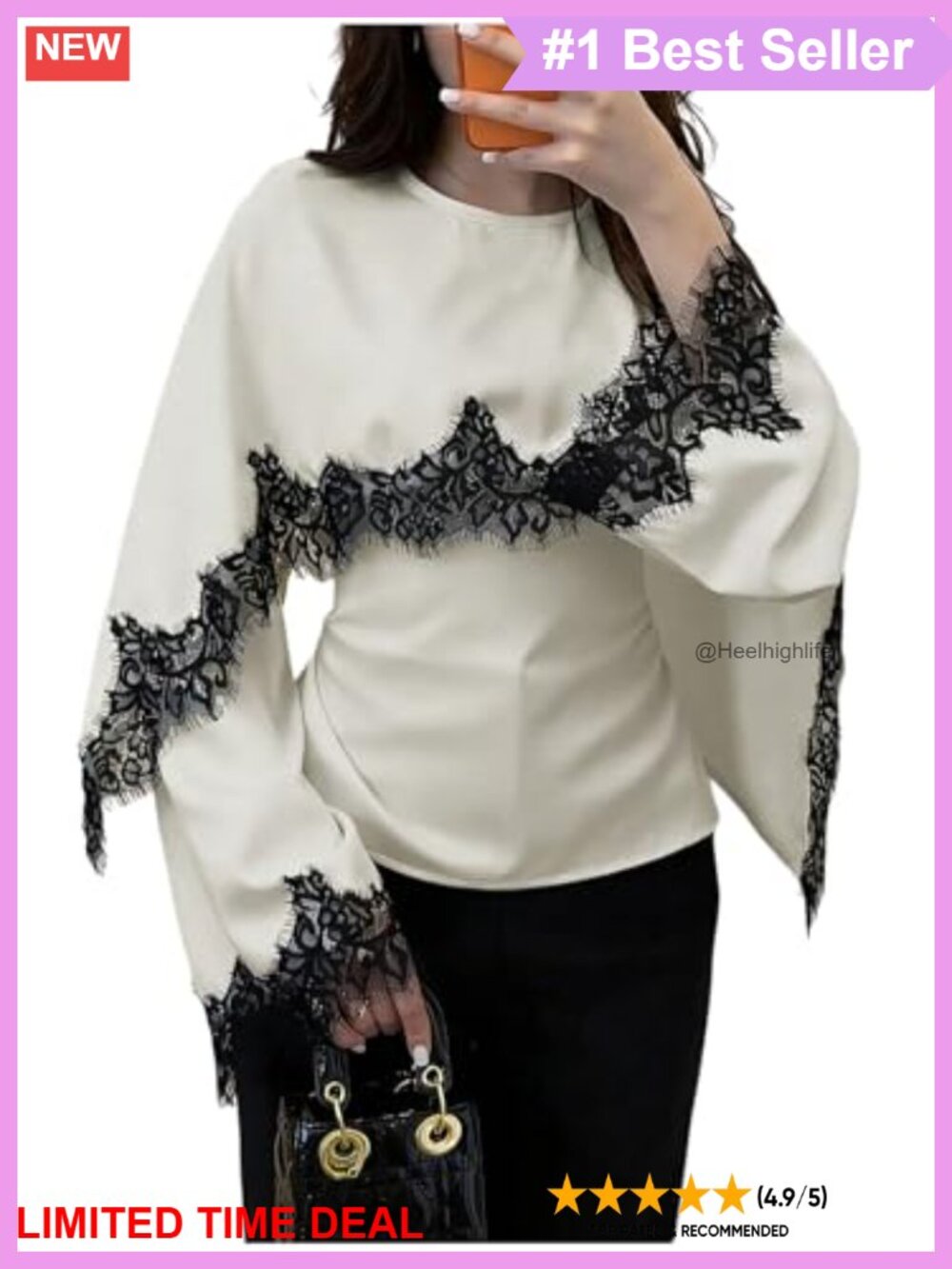 Satin Lace Trim Cape Blouse Cinched Waist Ruched Tie Back Top